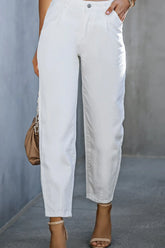Women's white high-waisted straight-leg jeans in a non-stretch cotton blend.