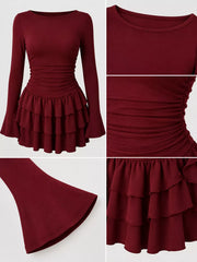 Burgundy long sleeve mini dress detail collage showing neckline ruched waist flared sleeve and tiered ruffles