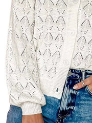 Side close view of white openwork knit cardigan showing button front and hem.