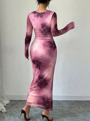Pink tie dye long sleeve bodycon maxi dress viewed from behind on a model