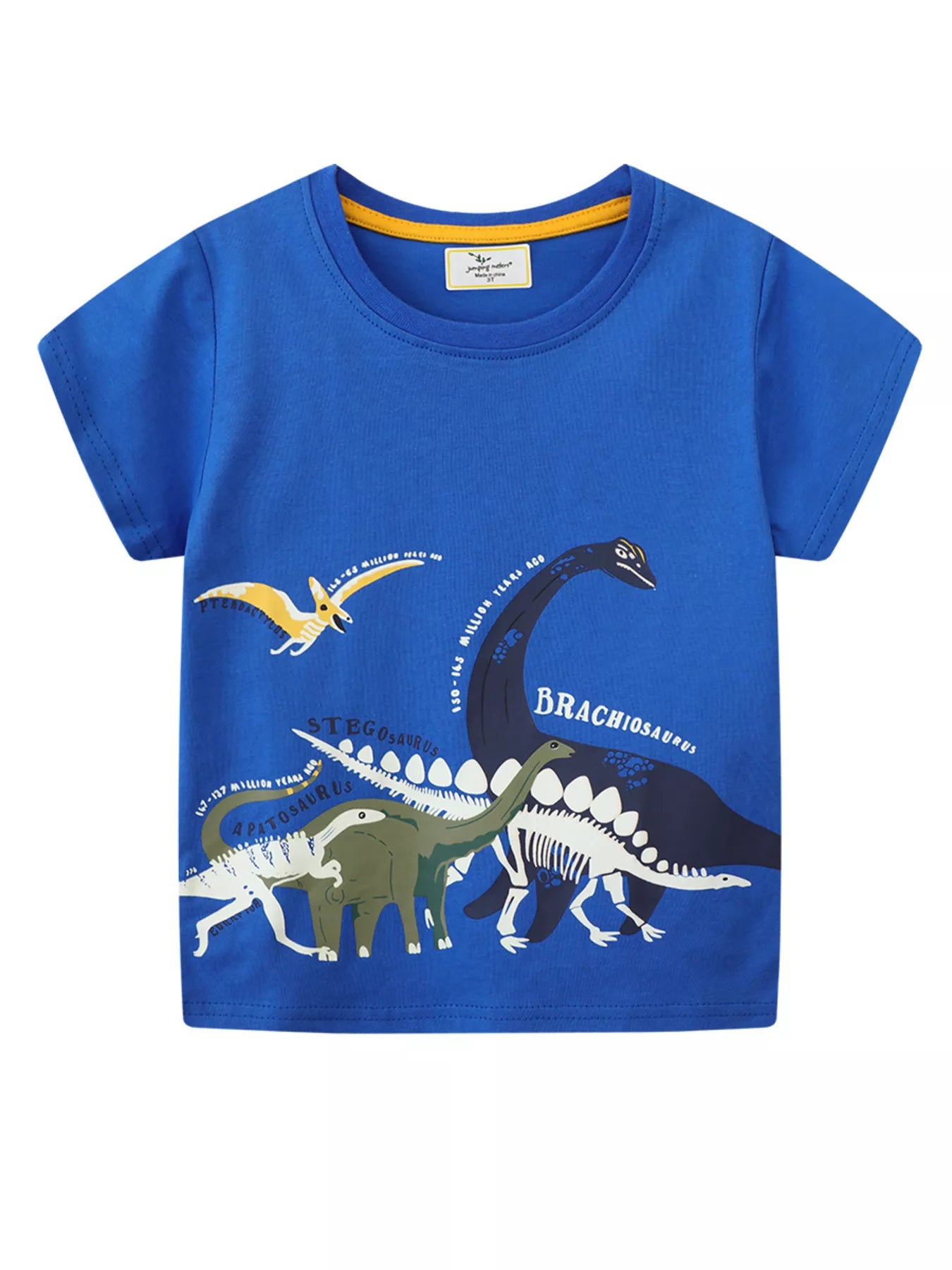 Front view of a royal blue children's short sleeve t shirt with colorful labeled dinosaur prints
