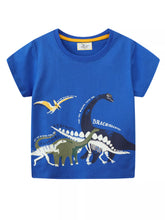 Front view of a royal blue children's short sleeve t shirt with colorful labeled dinosaur prints