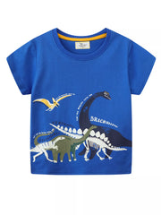Front view of a royal blue children's short sleeve t shirt with colorful labeled dinosaur prints