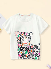 Front view of a white children's short sleeve t-shirt with a large leopard face and colorful flowers