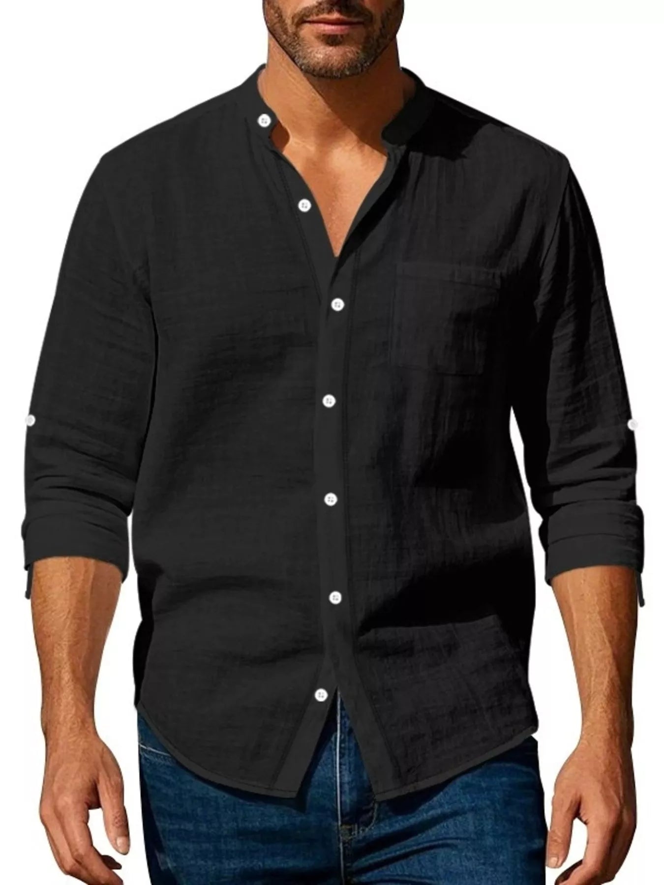 Men's long-sleeve button-up shirt with pockets and a plus-size range.
