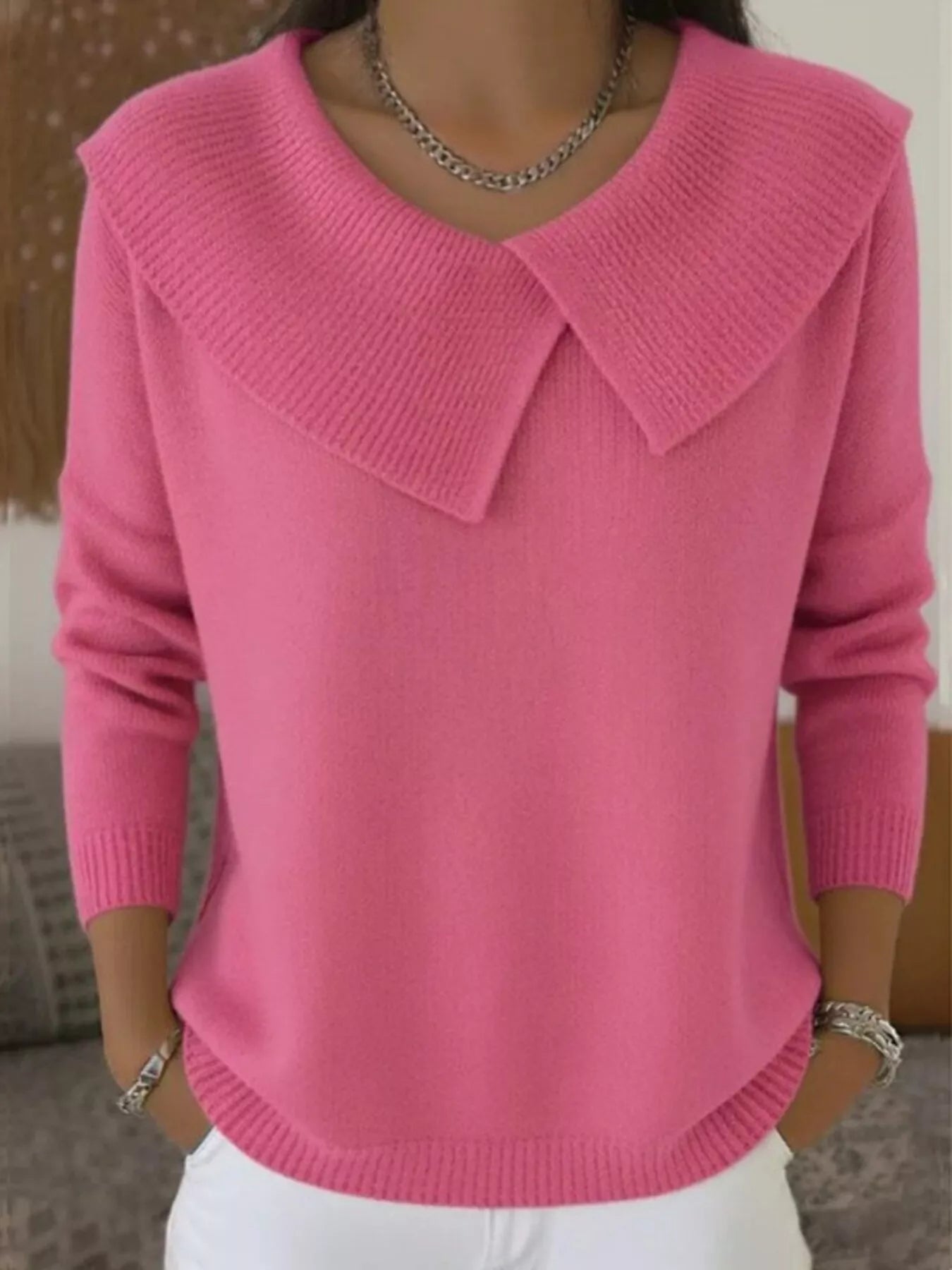 Pink wide collar ribbed knit sweater with overlapping collar and long sleeves, front view