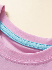 Close-up of the pink round neckline with a light blue inner trim on a children's tee
