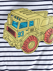 Close-up of the yellow dump truck graphic with red wheels on a striped children's T-shirt