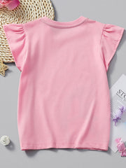 Flat back view of a plain blush pink children's ruffle sleeve tee laid on gray surface
