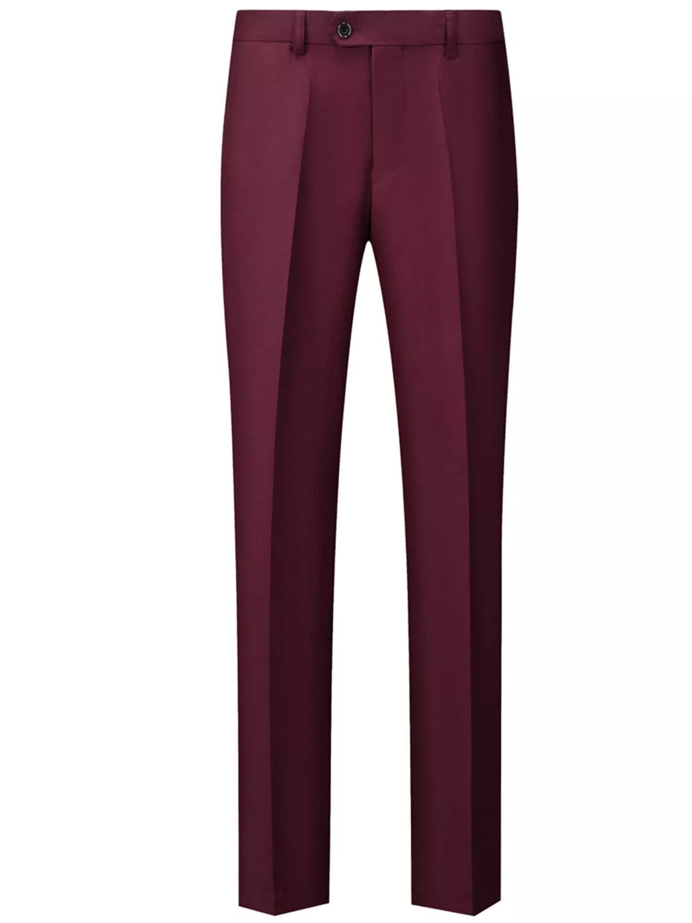 Men's burgundy dress pants with a slim fit and button closure.