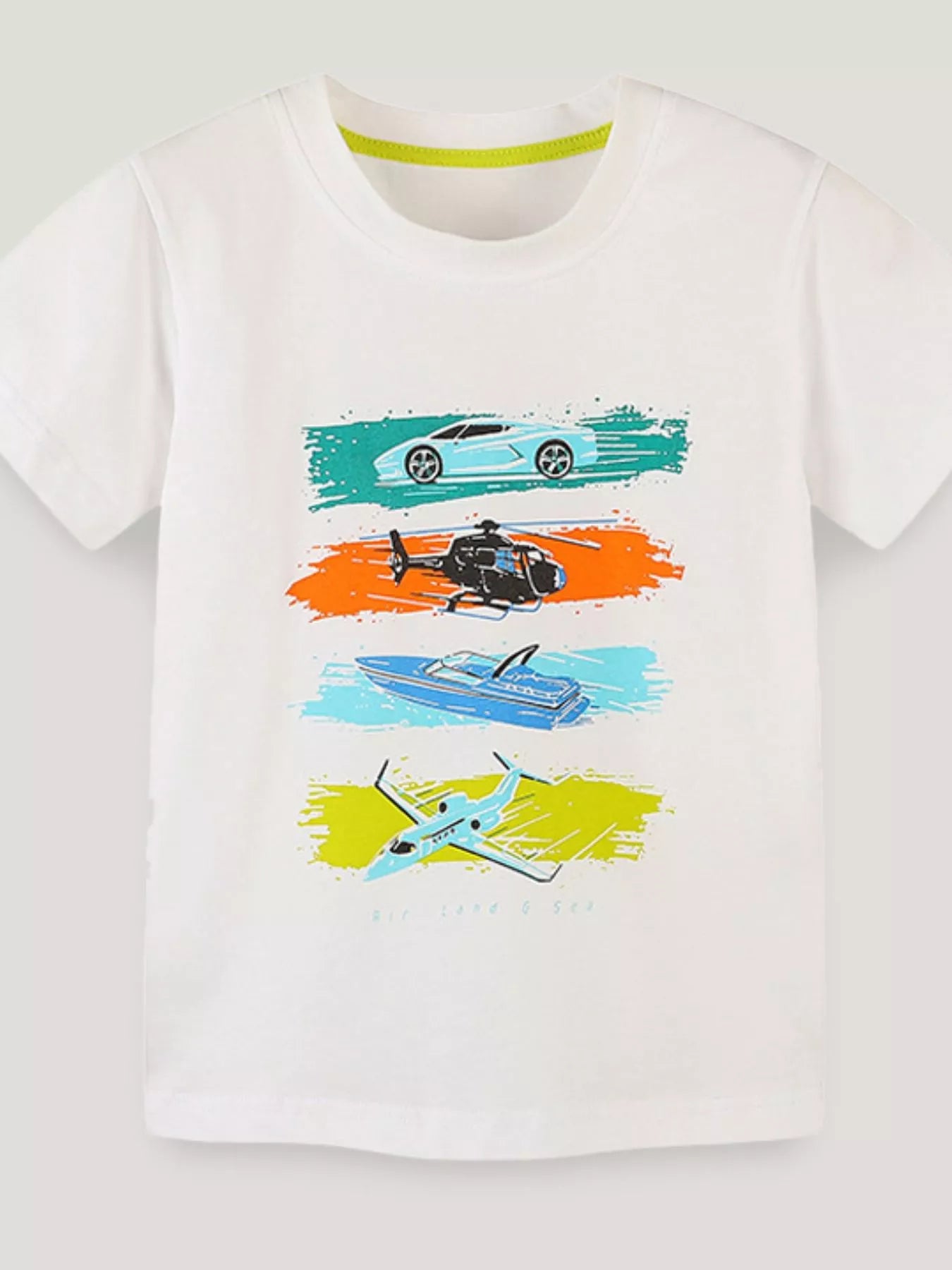Front view of cream children's t-shirt with car helicopter boat and airplane graphics