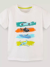 Front view of cream children's t-shirt with car helicopter boat and airplane graphics
