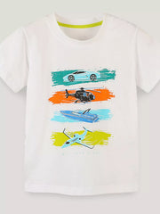 Front view of cream children's t-shirt with car helicopter boat and airplane graphics