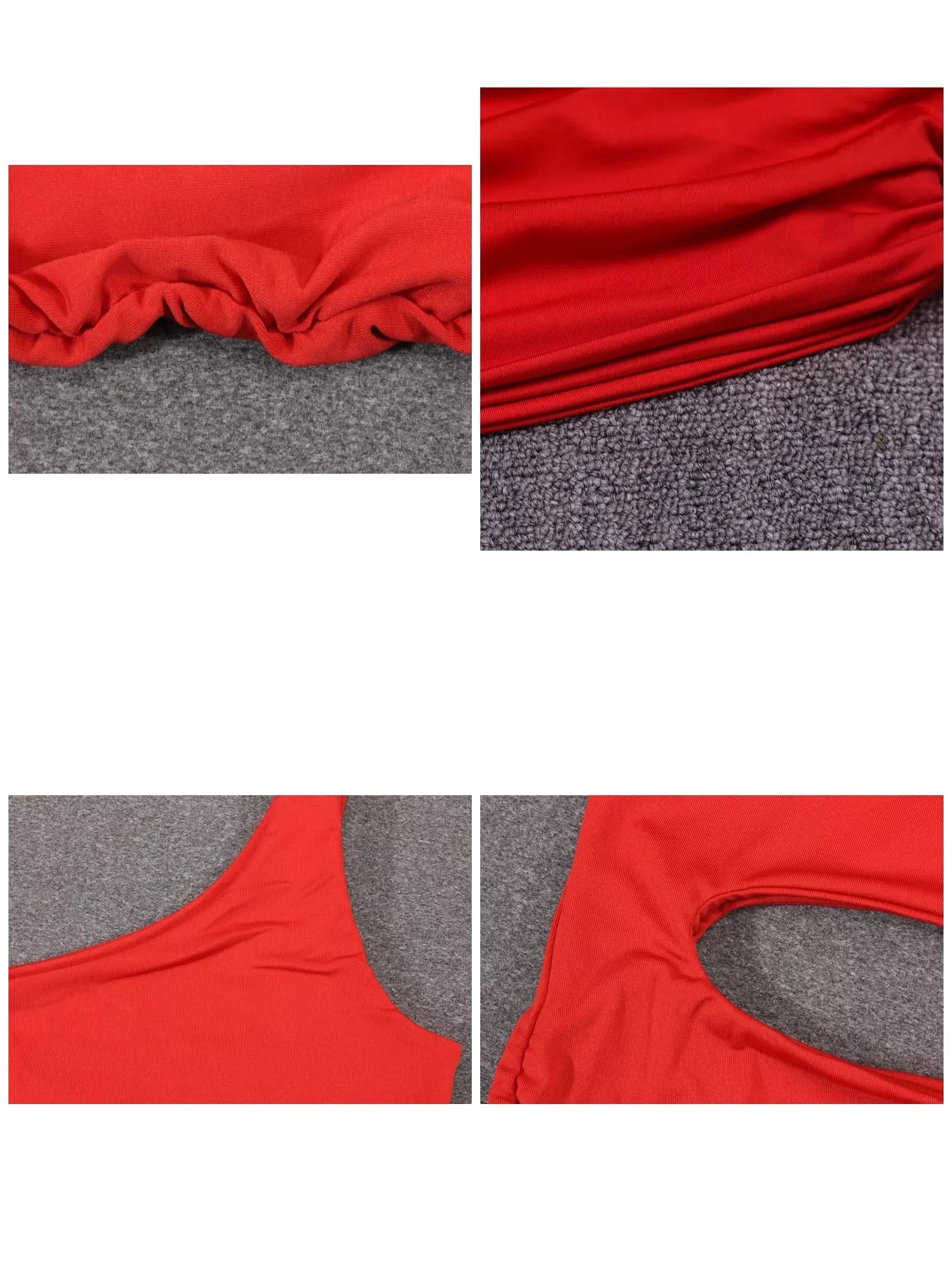 Detail collage of red one shoulder cutout ruched bodycon mini dress showing ruching hem neckline and cutout