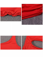 Detail collage of red one shoulder cutout ruched bodycon mini dress showing ruching hem neckline and cutout