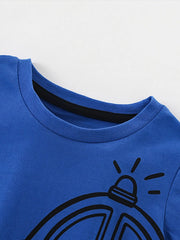 Close view of the round neckline and siren detail on an indigo children's t shirt