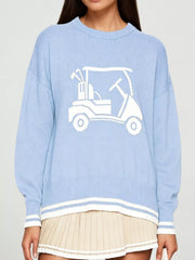 Front view of a light blue dropped shoulder sweater with a white golf cart graphic and striped trim.