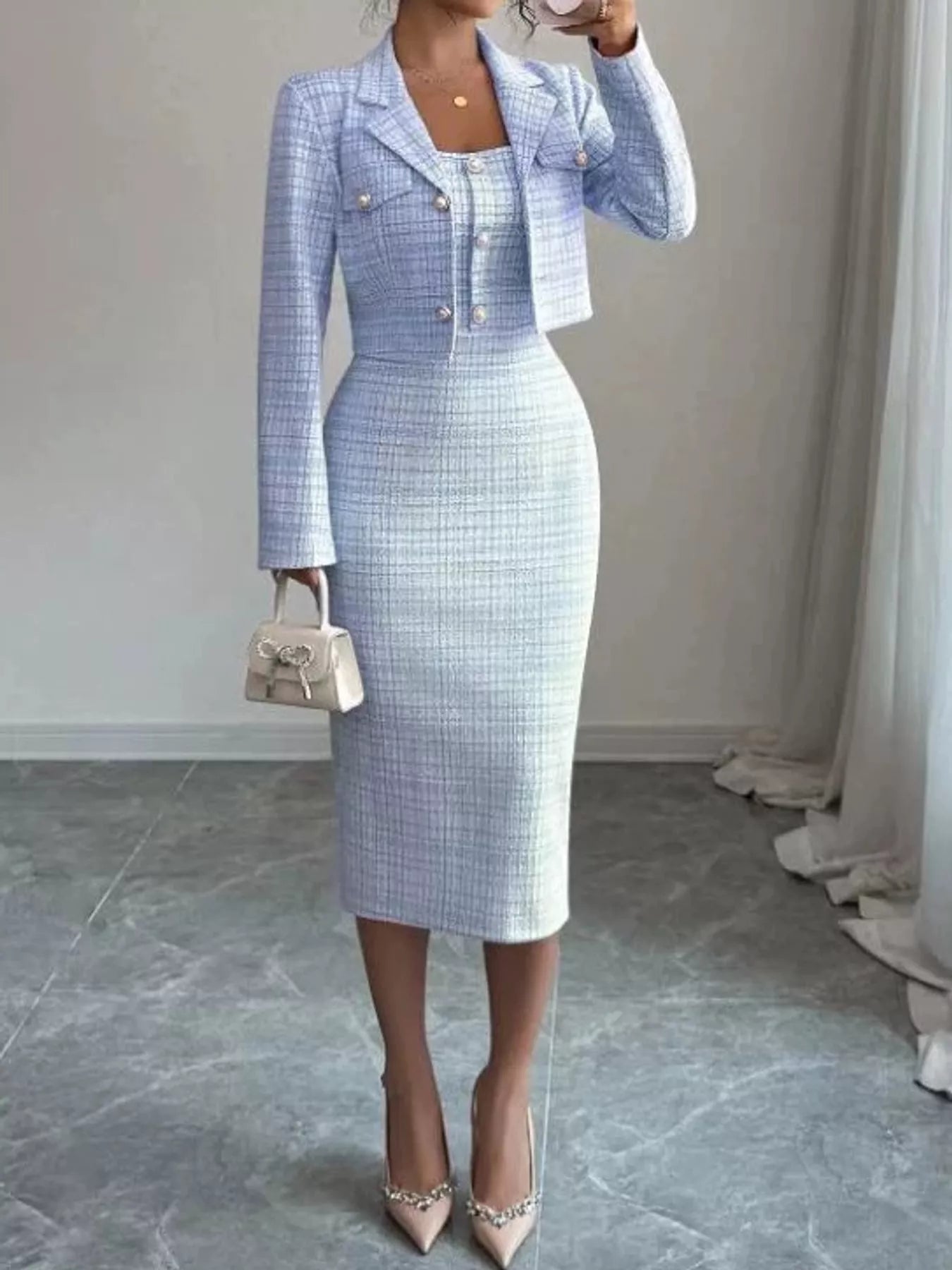 Light blue tweed square neck dress worn with the cropped cardigan, front view