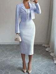 Light blue tweed square neck dress worn with the cropped cardigan, front view