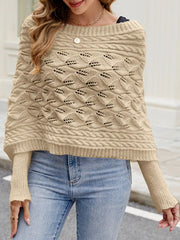 Front view of beige batwing sweater with wide neckline and leaf openwork knit.