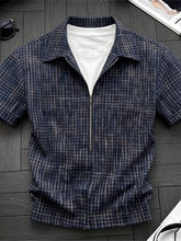 Men's plaid short-sleeve shirt with zipper detailing, made from polyester.