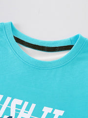 Detail view of the ribbed round neckline and inner trim on a children's pastel blue t-shirt