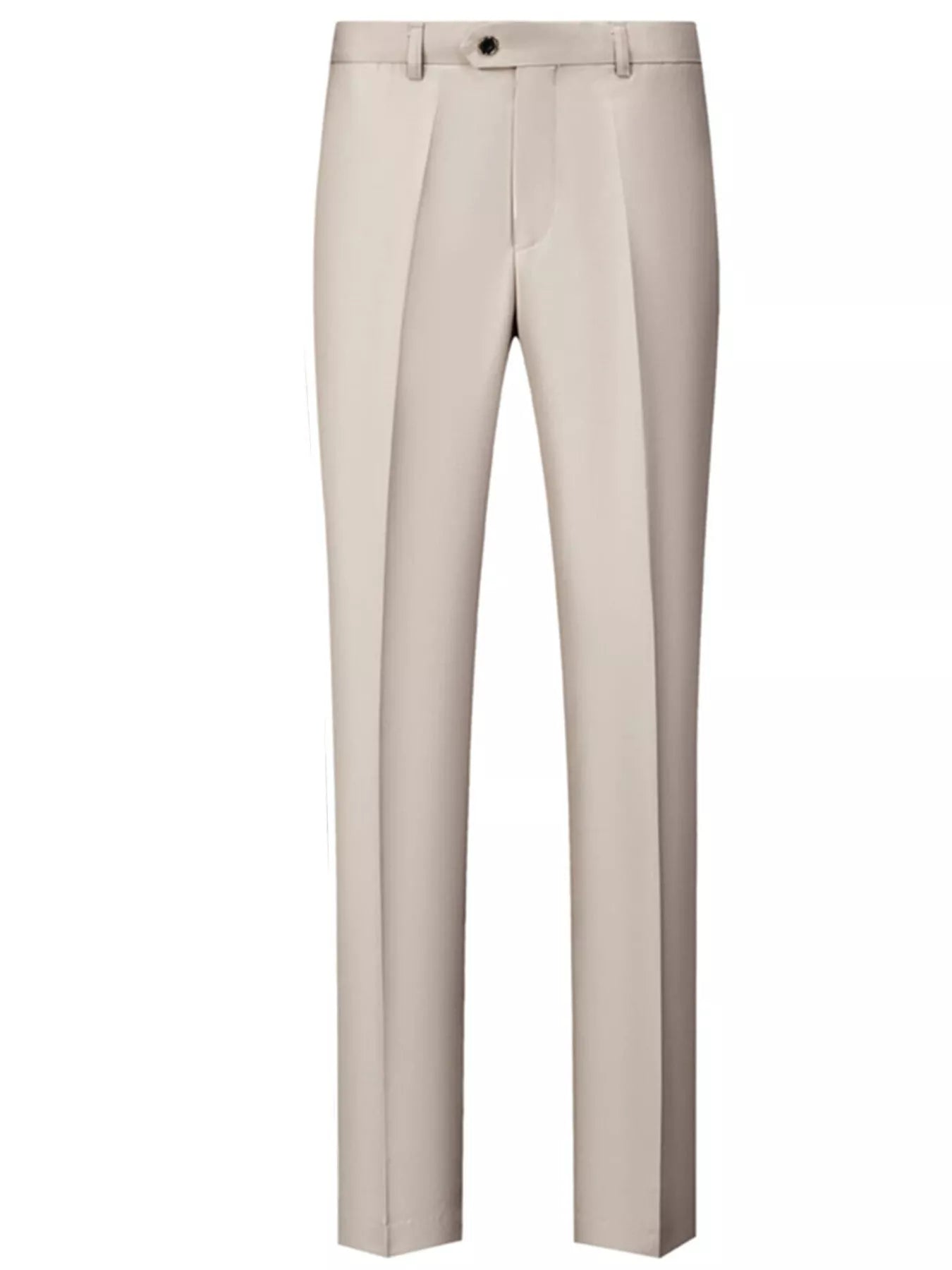 Men's cream white dress pants with a slim fit and button closure.