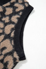 Close up of black ribbed armhole trim on leopard print knit vest.