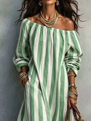 Close view of green and white striped off shoulder dress bodice and sleeves