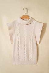Hanging front view of a cream cable knit turtleneck sweater with ruffled short sleeves