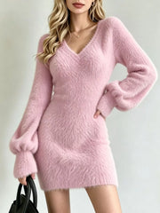 Pink fuzzy knit sweater dress with V neck and long puff sleeves, front view