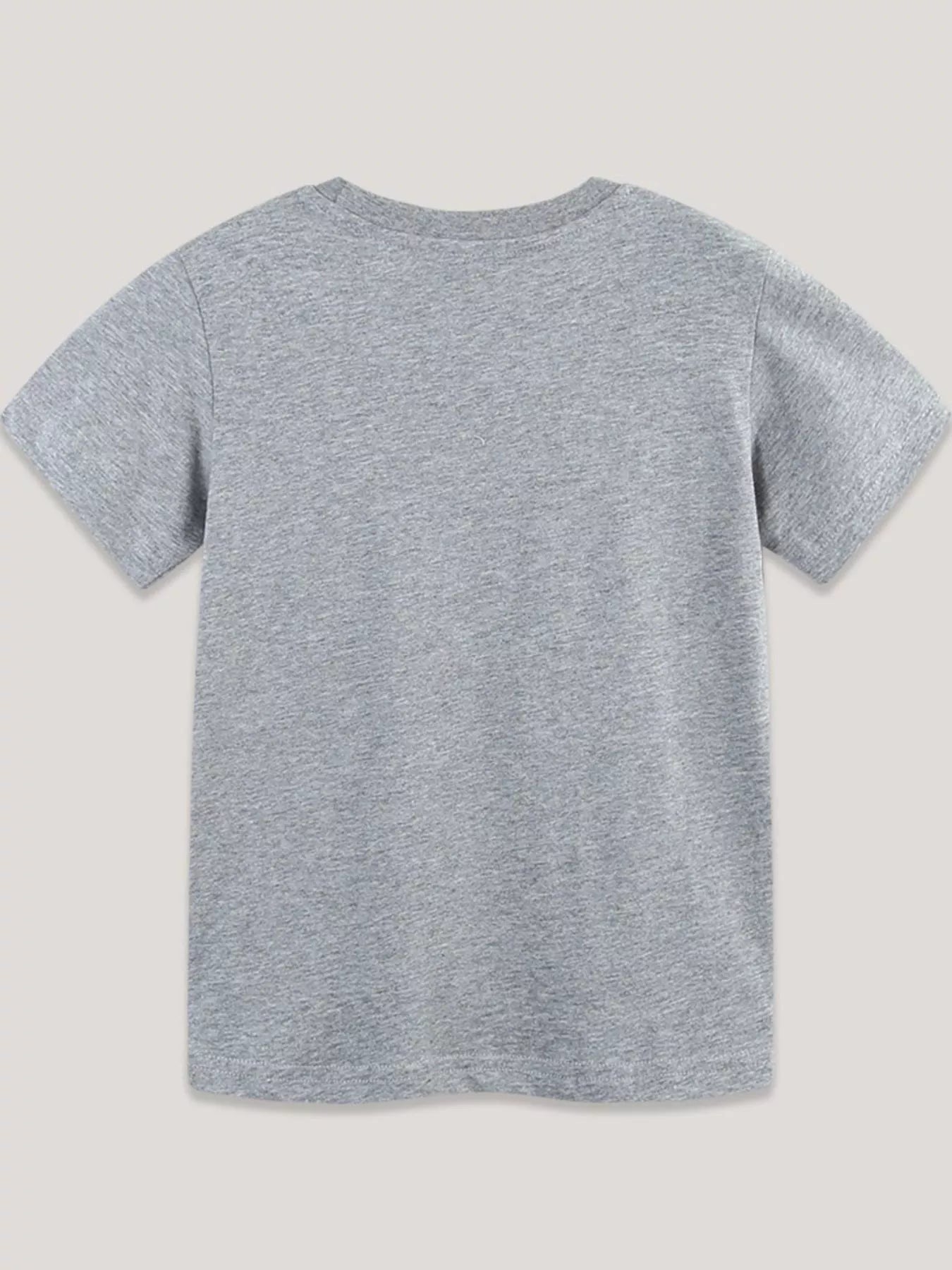 Back view of plain gray children's short sleeve t-shirt laid flat with no print