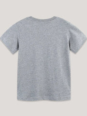 Back view of plain gray children's short sleeve t-shirt laid flat with no print