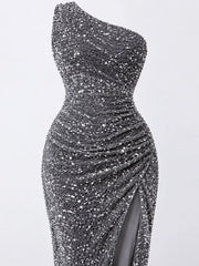 Grey sequin one shoulder evening dress close view showing the ruched waist and sequin texture