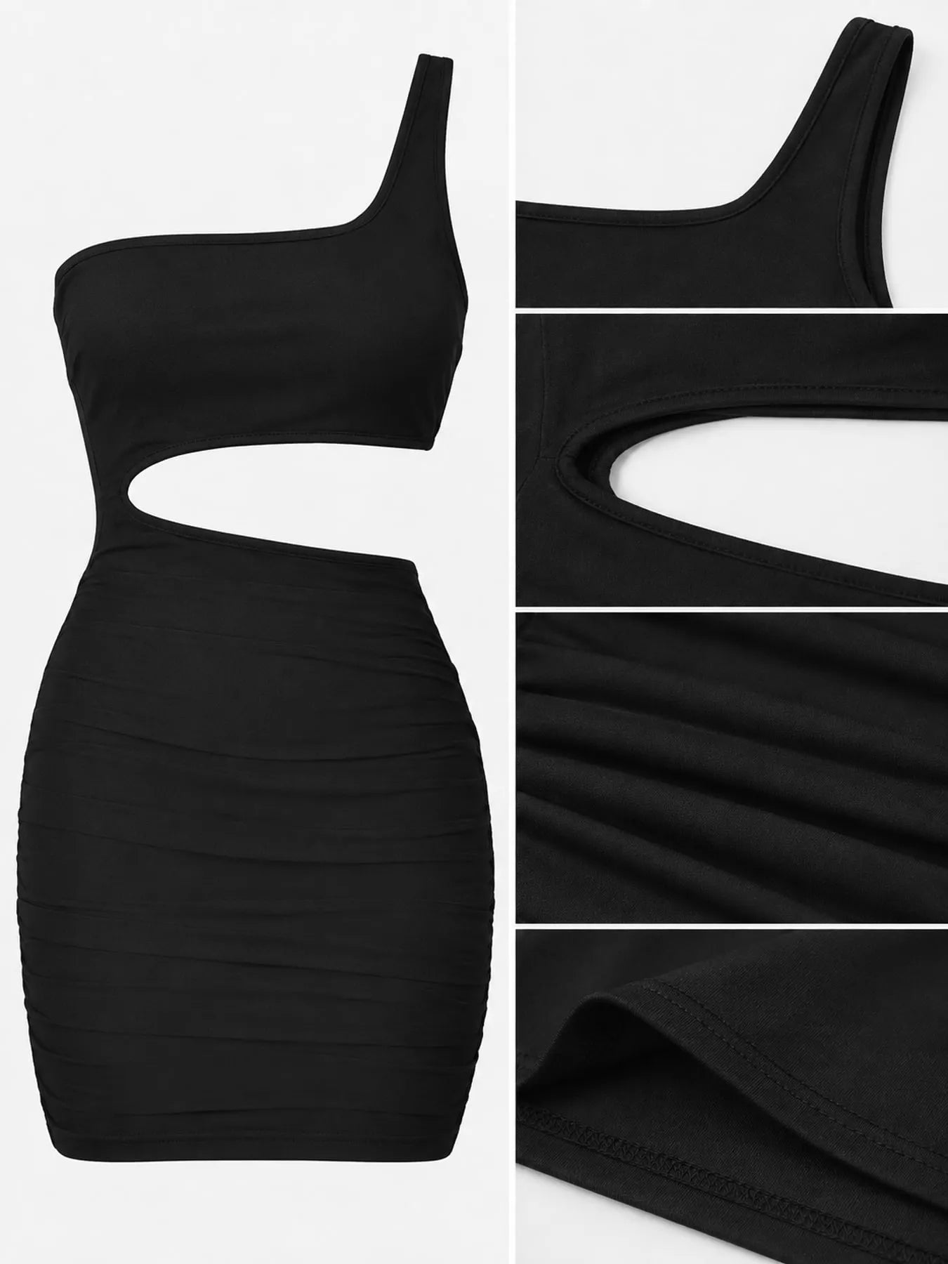 Black one shoulder cutout ruched bodycon mini dress flat lay with close detail views of neckline cutout and fabric
