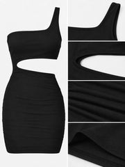 Black one shoulder cutout ruched bodycon mini dress flat lay with close detail views of neckline cutout and fabric