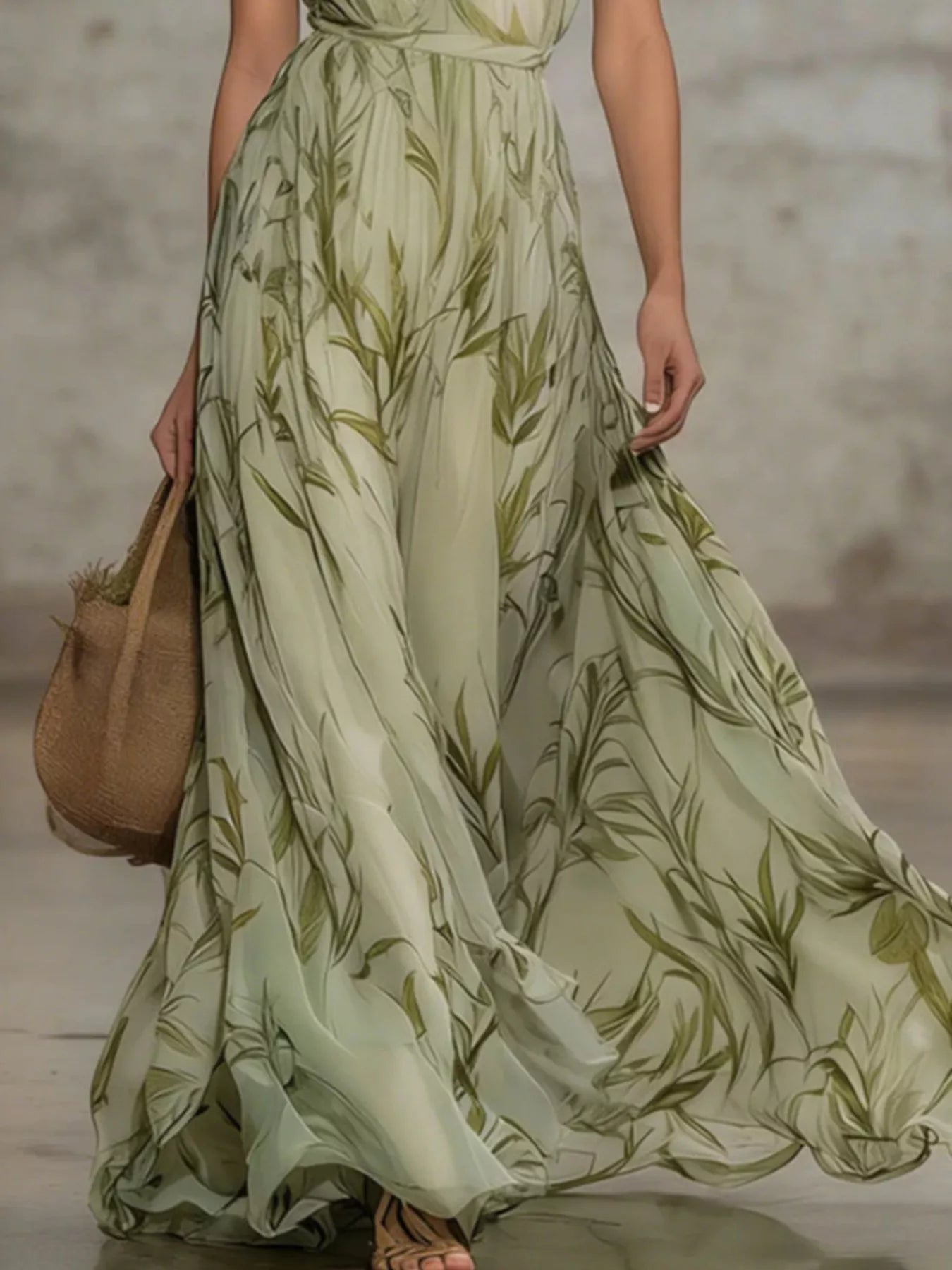 Lower view of a matcha leaf print chiffon maxi dress showing the flowing skirt in motion