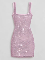 Pink rhinestone mesh bodycon mini dress shown flat, front view unworn