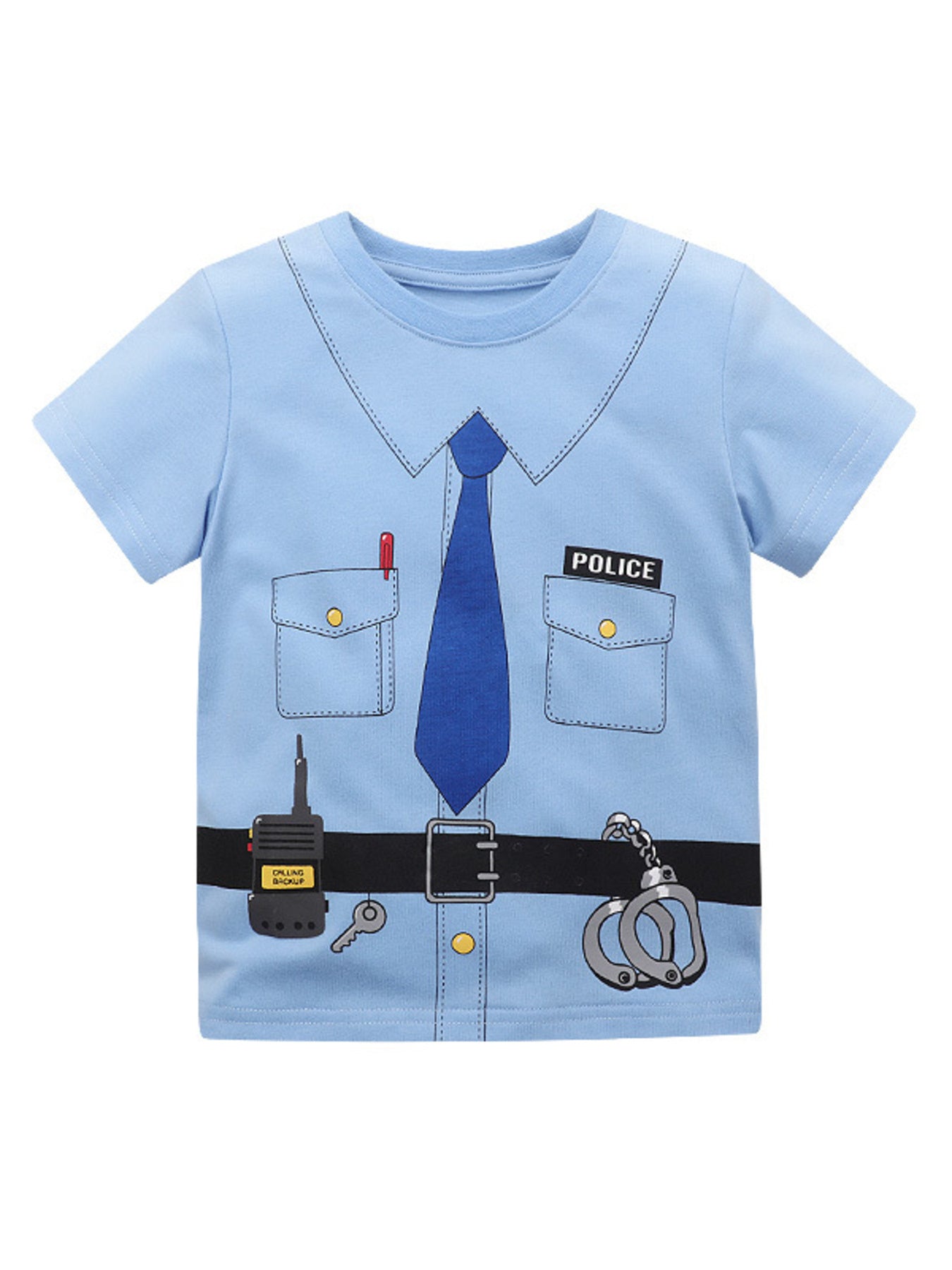 Flat front view of a light blue children's police officer graphic tee with printed belt