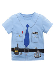 Flat front view of a light blue children's police officer graphic tee with printed belt