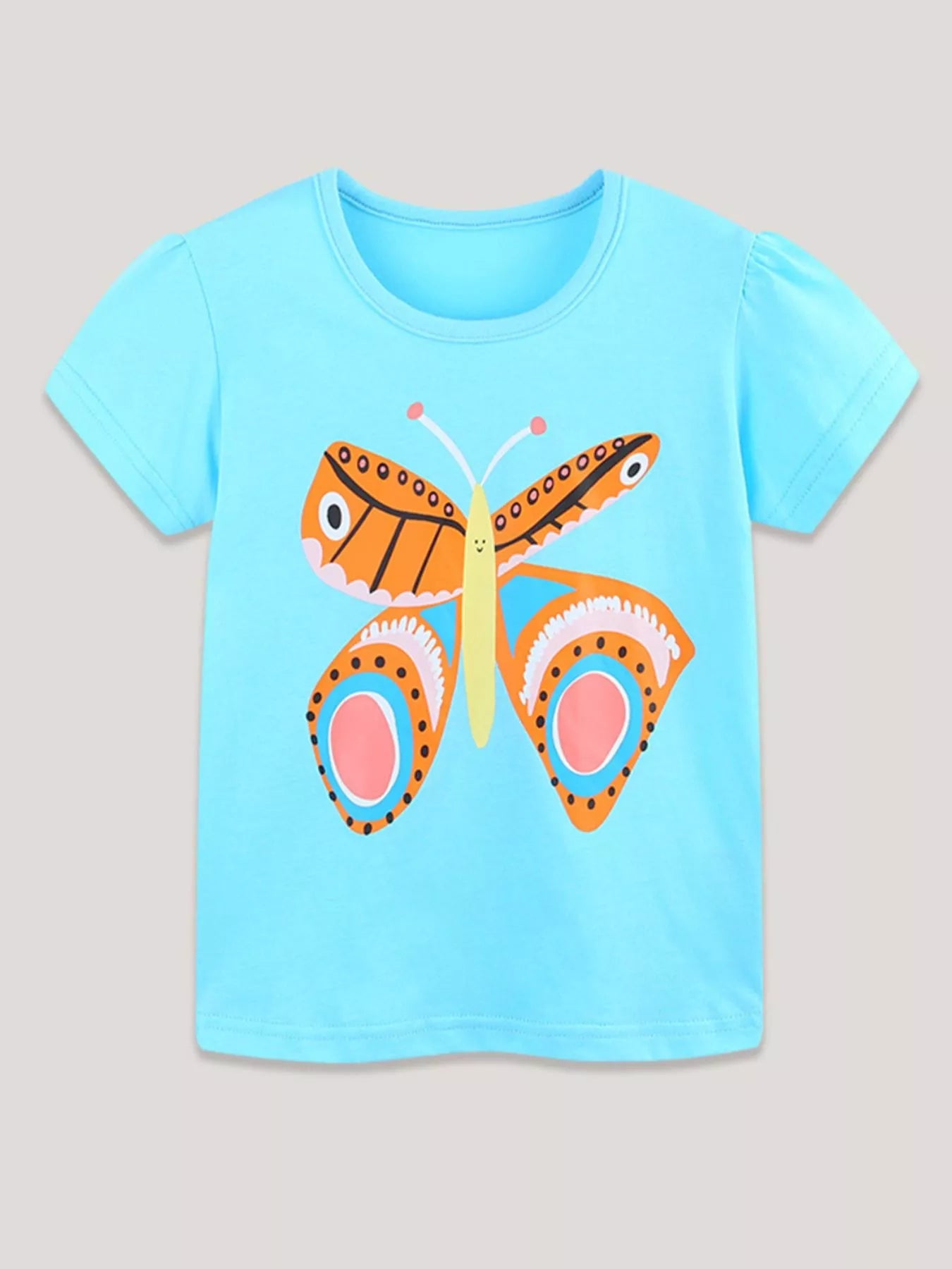 Children's pastel blue short-sleeve T-shirt featuring a butterfly graphic.