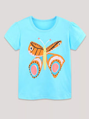 Children's pastel blue short-sleeve T-shirt featuring a butterfly graphic.