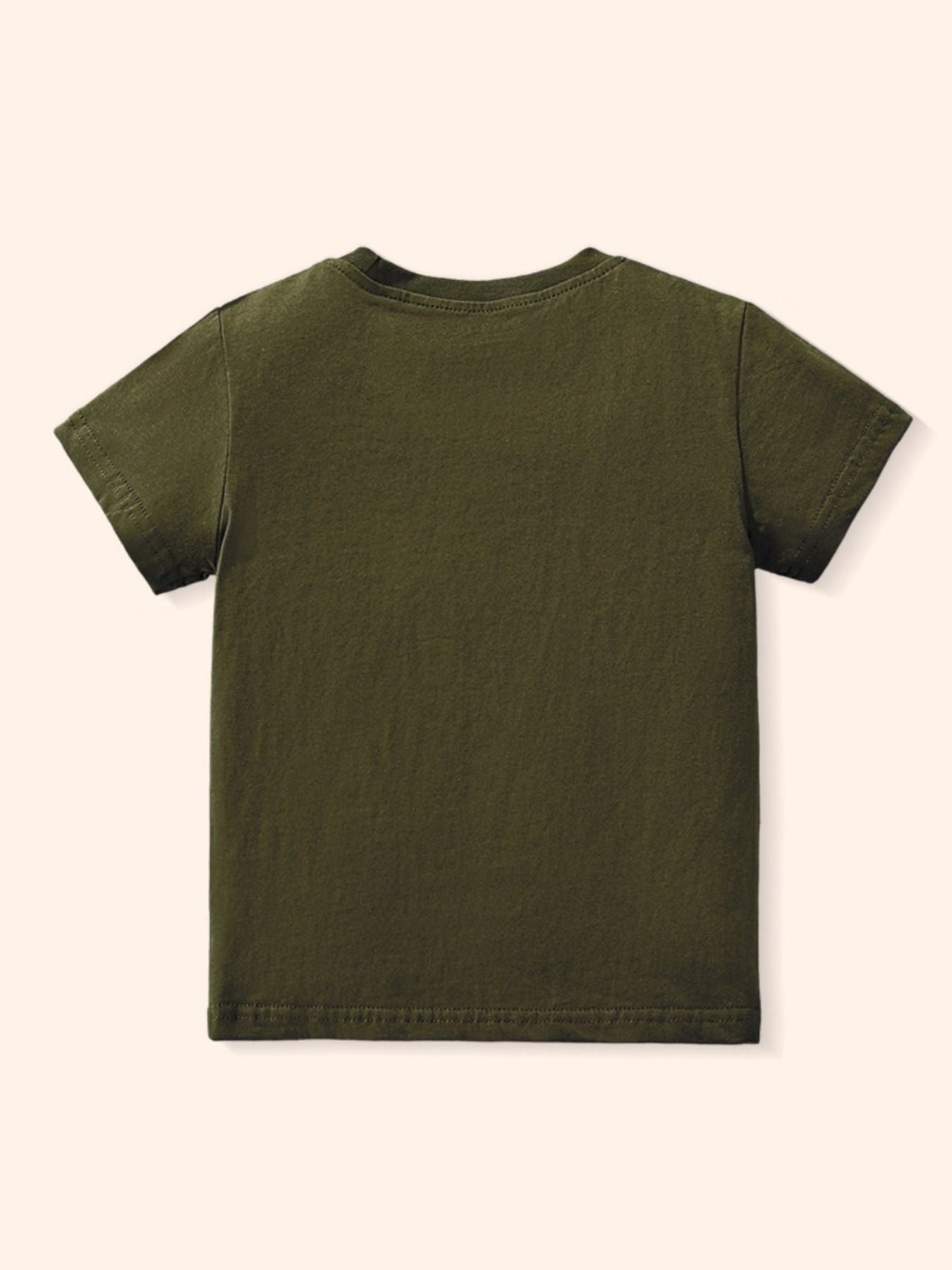 Plain back view of an army green children's short sleeve T-shirt with no print