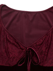 Detail view of burgundy lace bodice with front tie and lined neckline