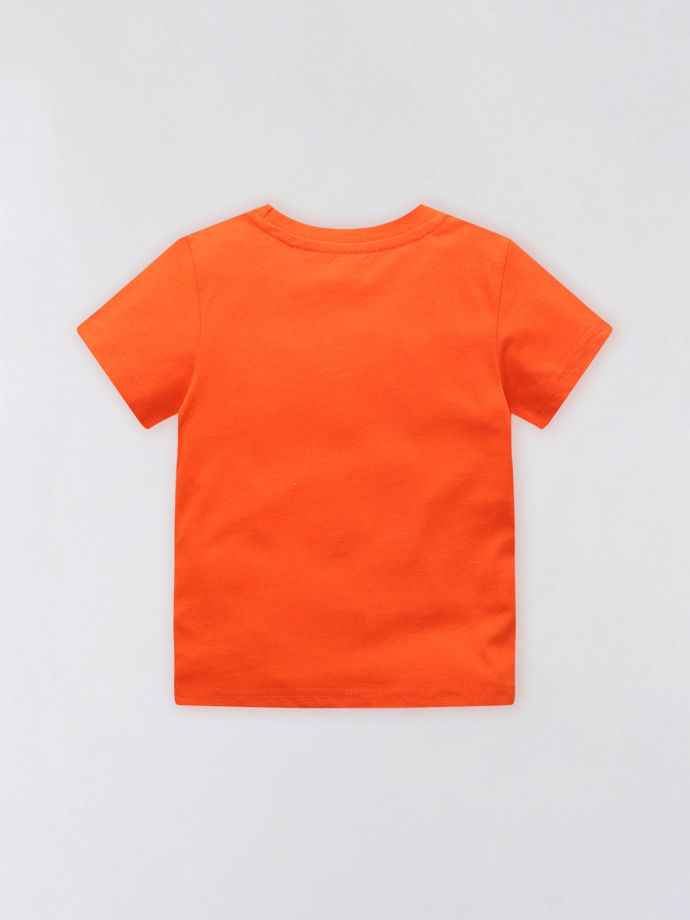 Plain back view of the orange red children's short sleeve t-shirt laid flat