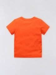 Plain back view of the orange red children's short sleeve t-shirt laid flat