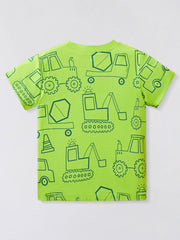 Flat lay back view of children's neon green t-shirt with all-over construction vehicle print