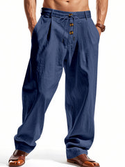 Men's navy blue loose-fit pants with a drawstring waist and pockets.