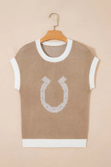 Hanging front view of a mocha short sleeve sweater with a white horseshoe