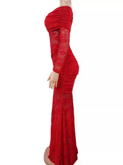 Red off shoulder maxi dress on mannequin, side view showing ruched waist and lace